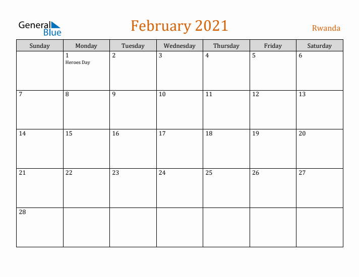 February 2021 Holiday Calendar with Sunday Start