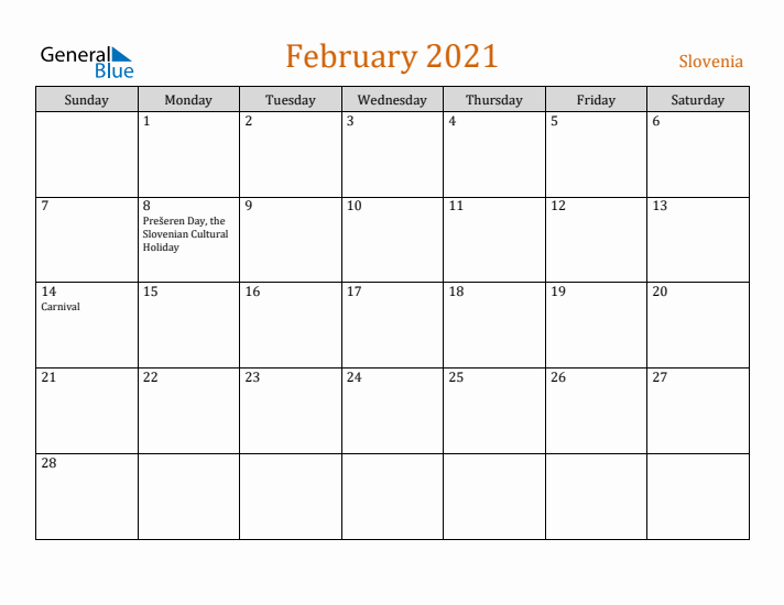 February 2021 Holiday Calendar with Sunday Start