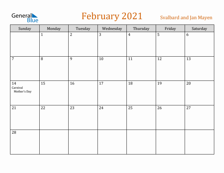 February 2021 Holiday Calendar with Sunday Start