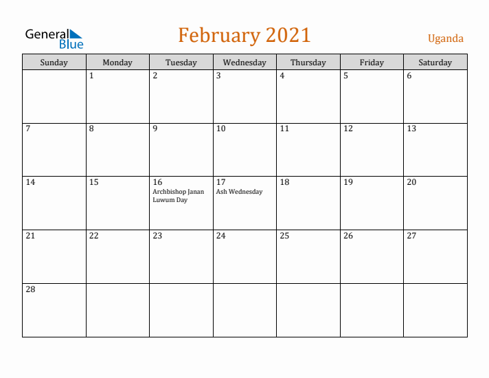 February 2021 Holiday Calendar with Sunday Start