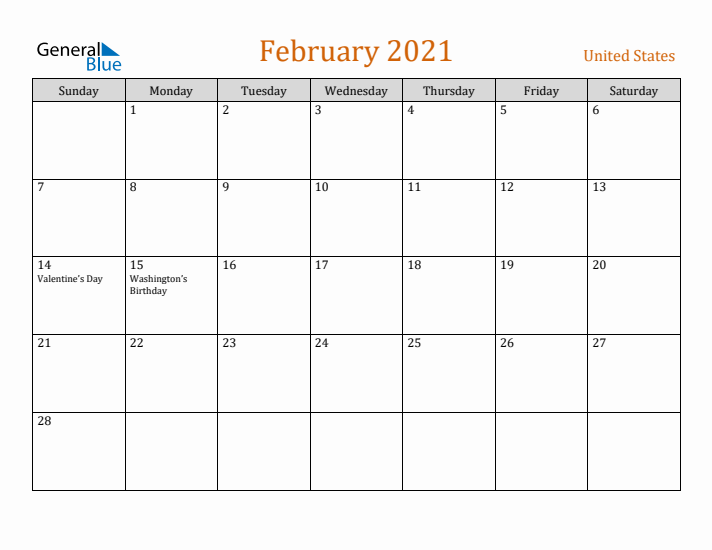 February 2021 Holiday Calendar with Sunday Start