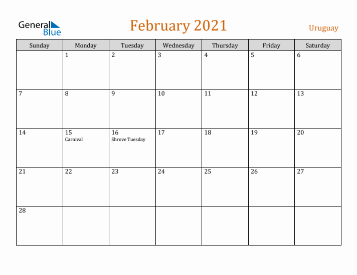 February 2021 Holiday Calendar with Sunday Start