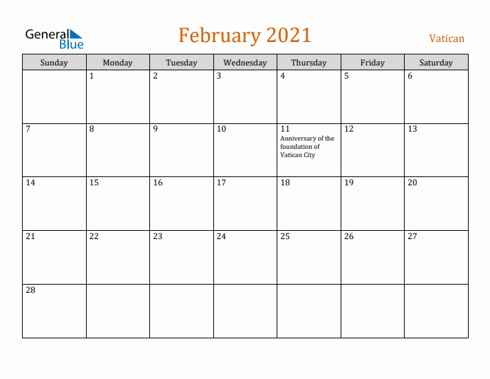 February 2021 Holiday Calendar with Sunday Start