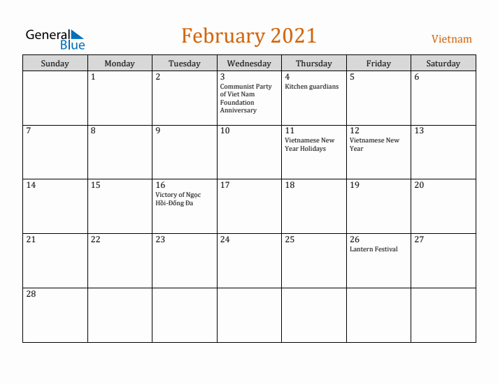 February 2021 Holiday Calendar with Sunday Start