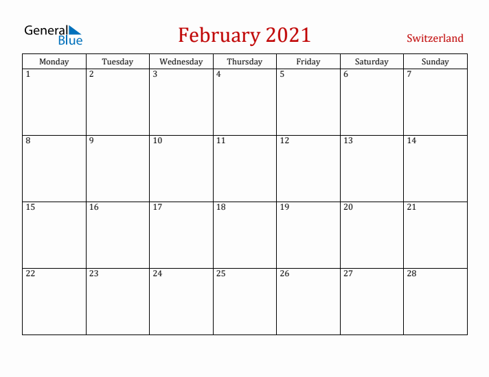 Switzerland February 2021 Calendar - Monday Start