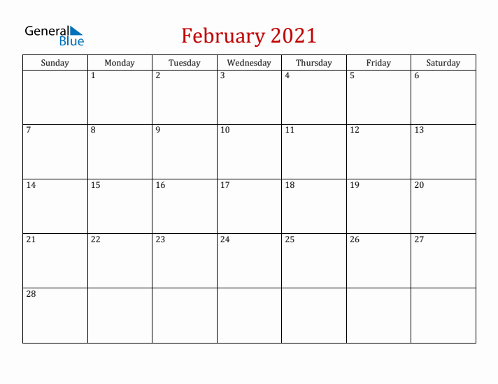 Blank February 2021 Calendar with Sunday Start