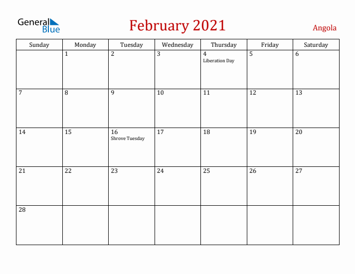 Angola February 2021 Calendar - Sunday Start