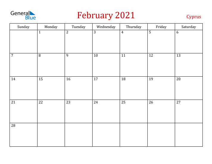 Cyprus February 2021 Calendar - Sunday Start