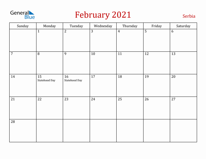 Serbia February 2021 Calendar - Sunday Start