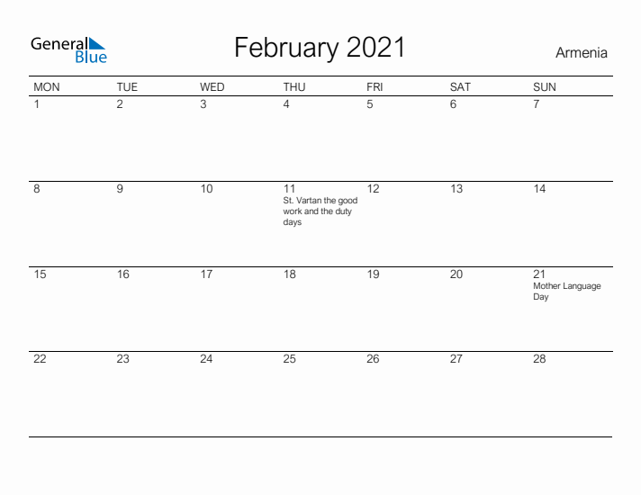 Printable February 2021 Calendar for Armenia