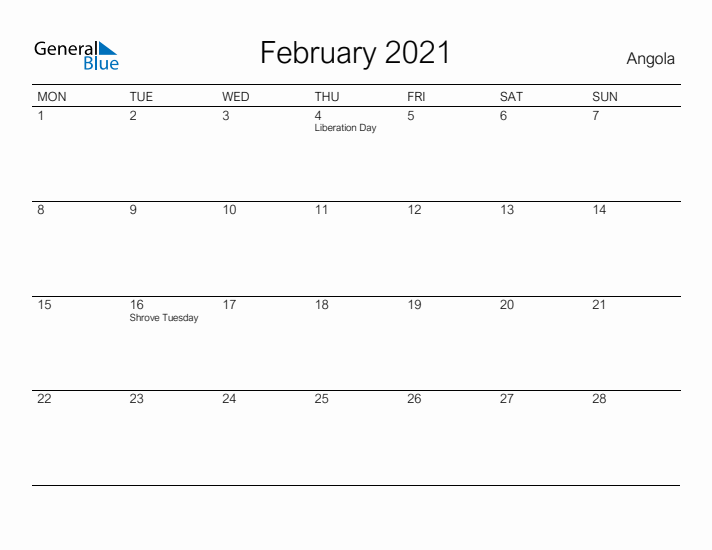 Printable February 2021 Calendar for Angola