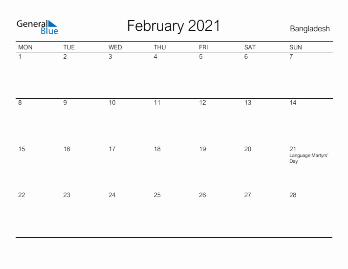 Printable February 2021 Calendar for Bangladesh