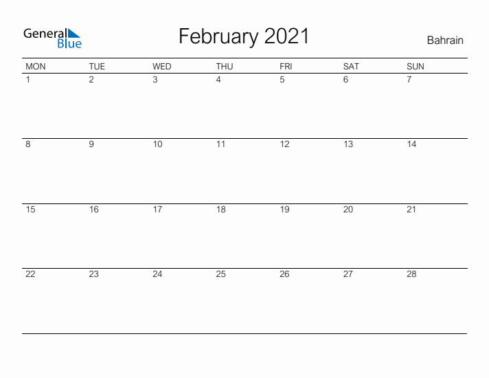 Printable February 2021 Calendar for Bahrain