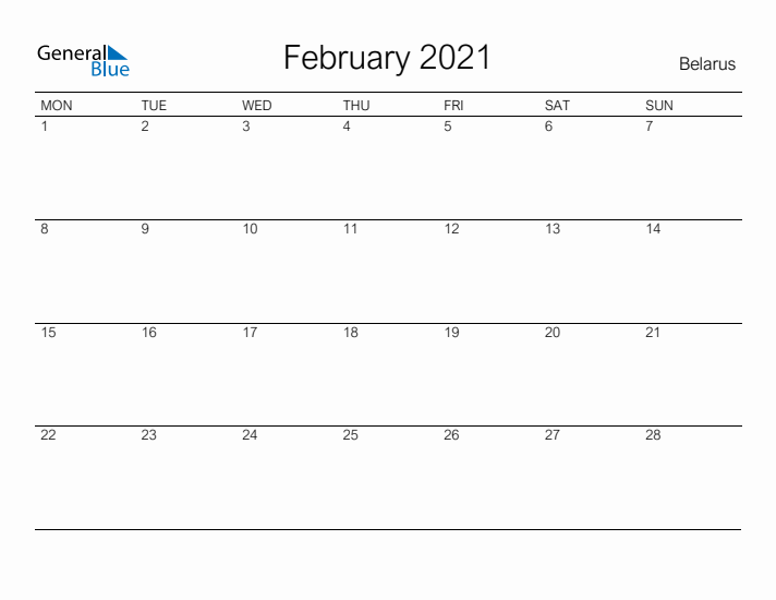 Printable February 2021 Calendar for Belarus