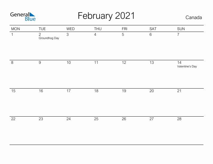 Printable February 2021 Calendar for Canada