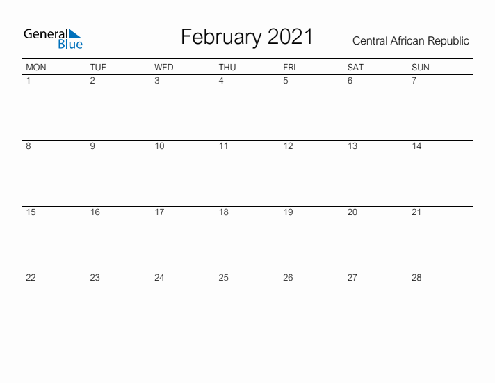 Printable February 2021 Calendar for Central African Republic