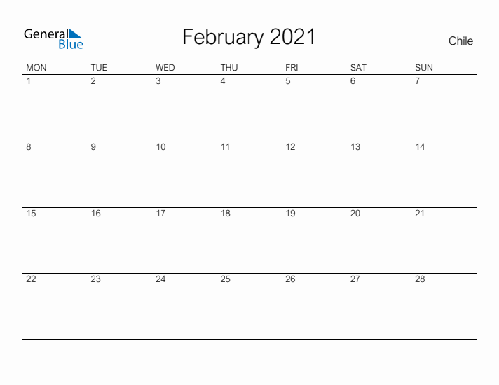 Printable February 2021 Calendar for Chile