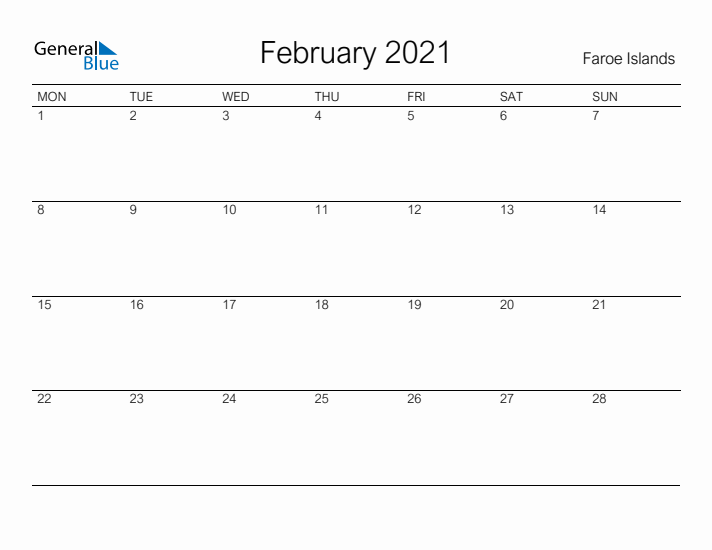 Printable February 2021 Calendar for Faroe Islands