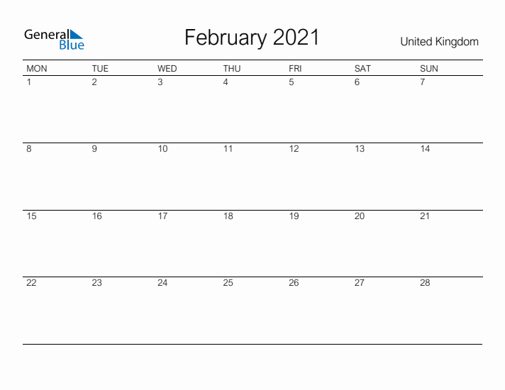 Printable February 2021 Calendar for United Kingdom