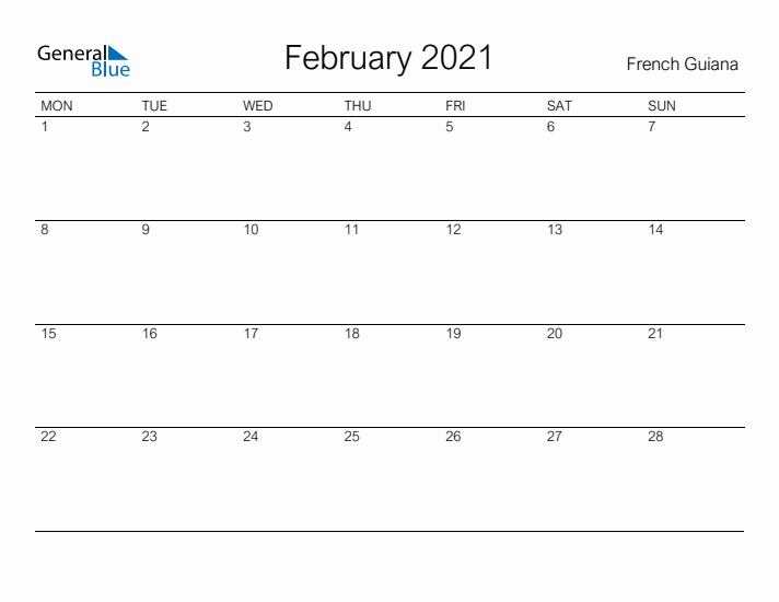 Printable February 2021 Calendar for French Guiana