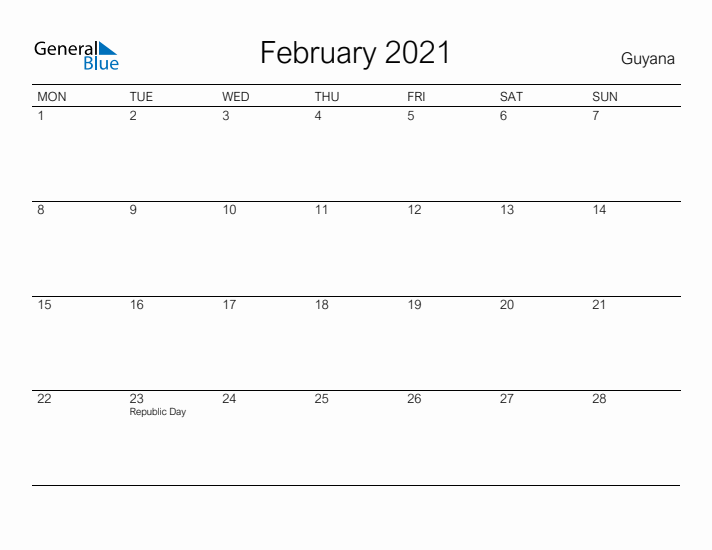 Printable February 2021 Calendar for Guyana