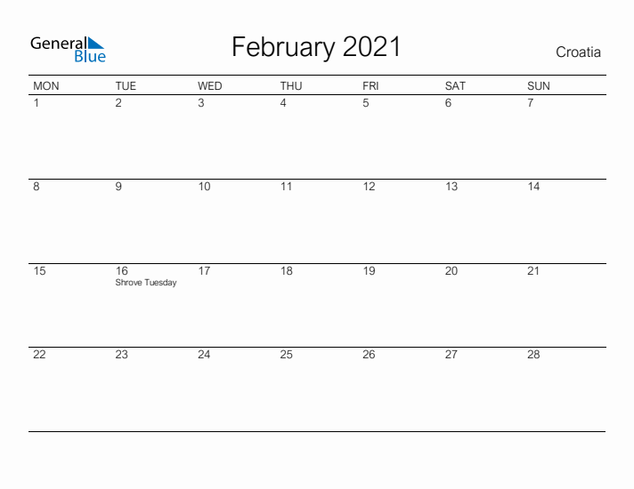 Printable February 2021 Calendar for Croatia