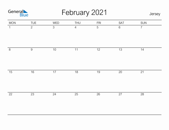 Printable February 2021 Calendar for Jersey