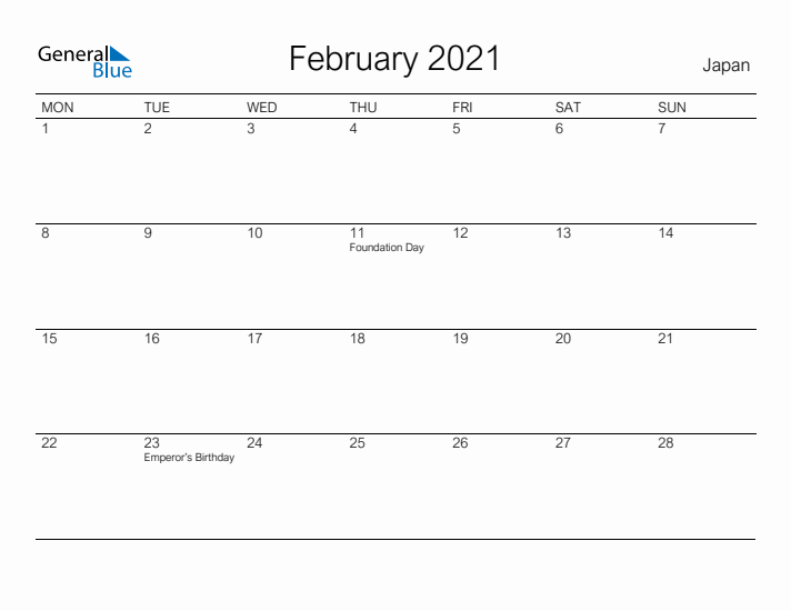 Printable February 2021 Calendar for Japan