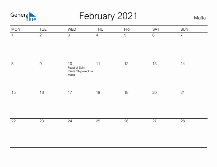 Printable February 2021 Calendar for Malta