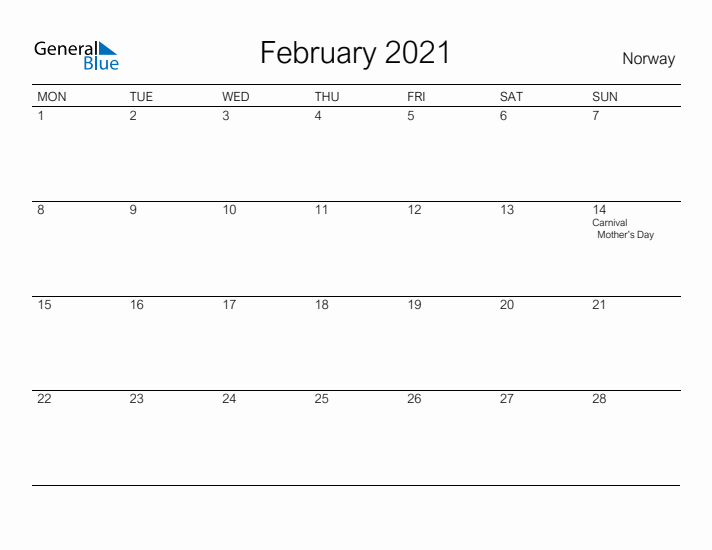 Printable February 2021 Calendar for Norway