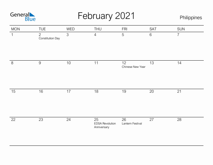 Printable February 2021 Calendar for Philippines