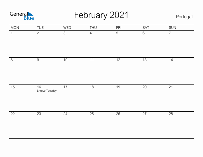 Printable February 2021 Calendar for Portugal