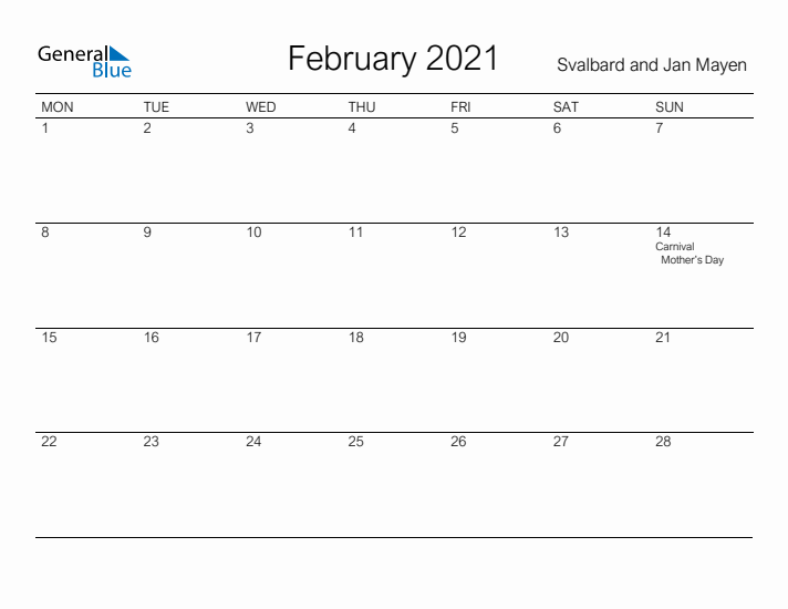 Printable February 2021 Calendar for Svalbard and Jan Mayen