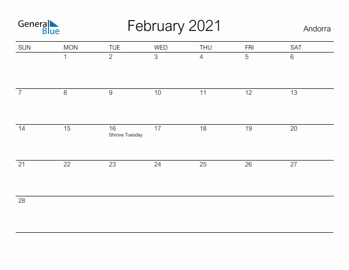 Printable February 2021 Calendar for Andorra