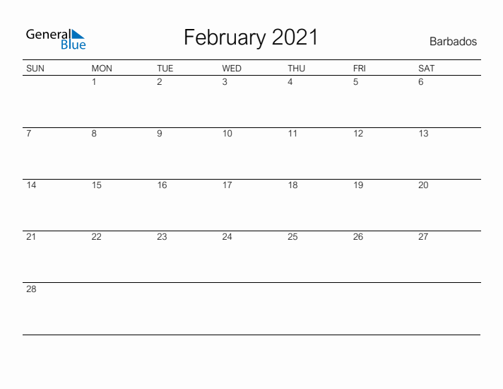 Printable February 2021 Calendar for Barbados