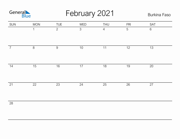 Printable February 2021 Calendar for Burkina Faso