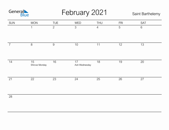 Printable February 2021 Calendar for Saint Barthelemy