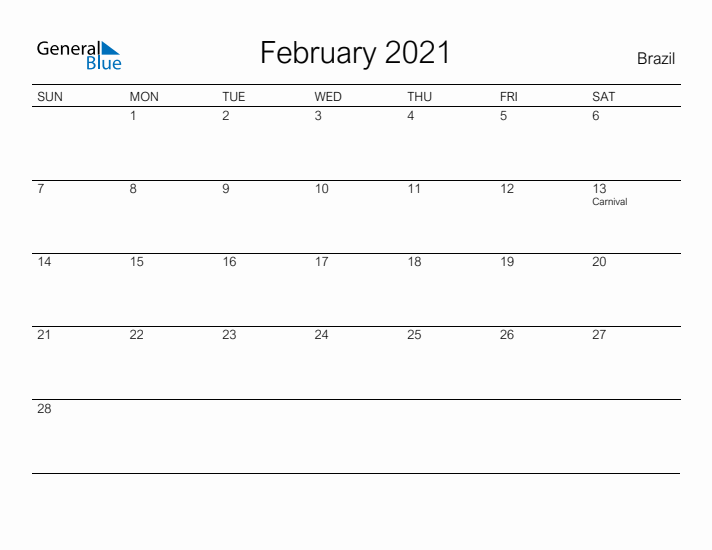 Printable February 2021 Calendar for Brazil