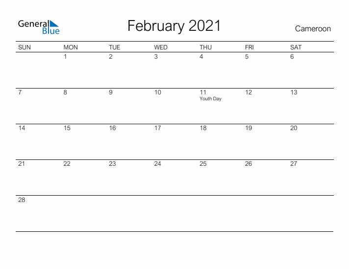 Printable February 2021 Calendar for Cameroon