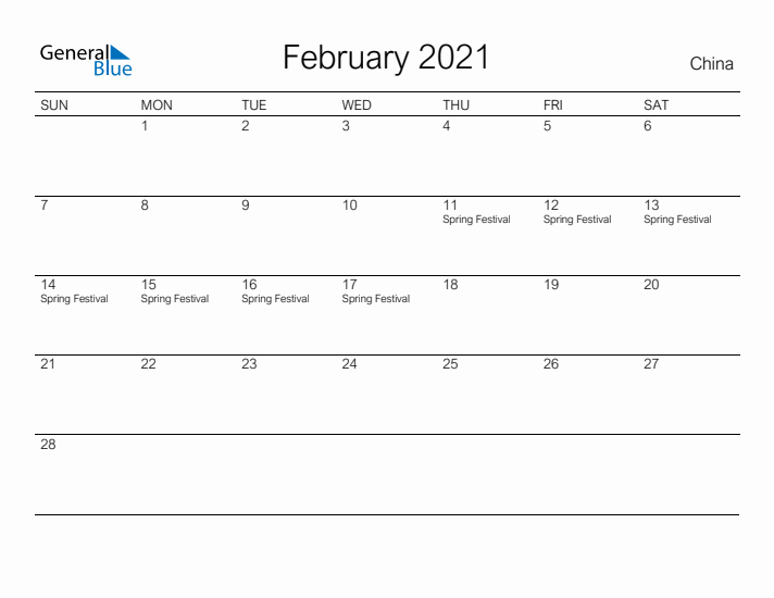 Printable February 2021 Calendar for China