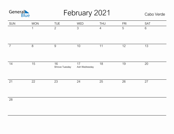 Printable February 2021 Calendar for Cabo Verde