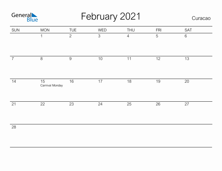 Printable February 2021 Calendar for Curacao