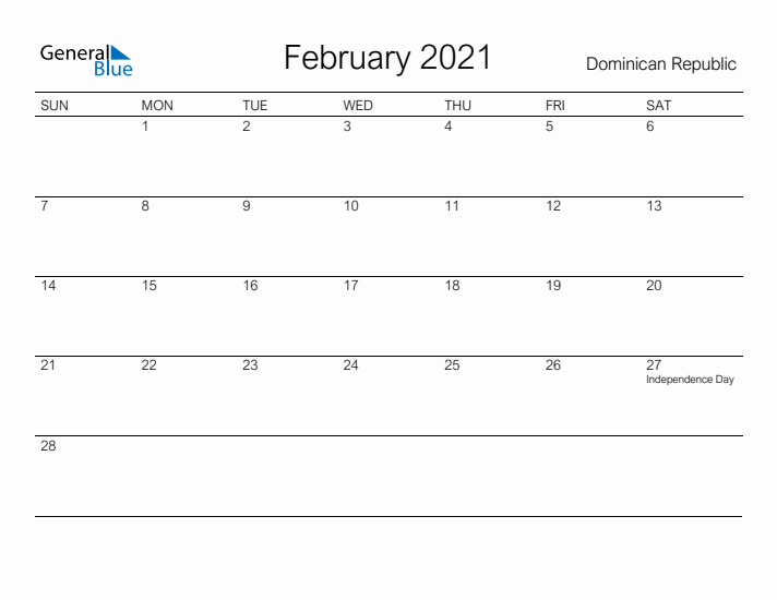 Printable February 2021 Calendar for Dominican Republic