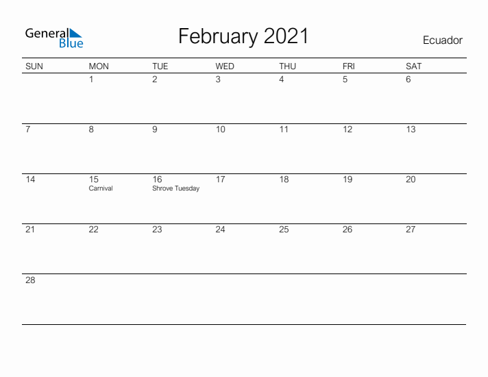 Printable February 2021 Calendar for Ecuador