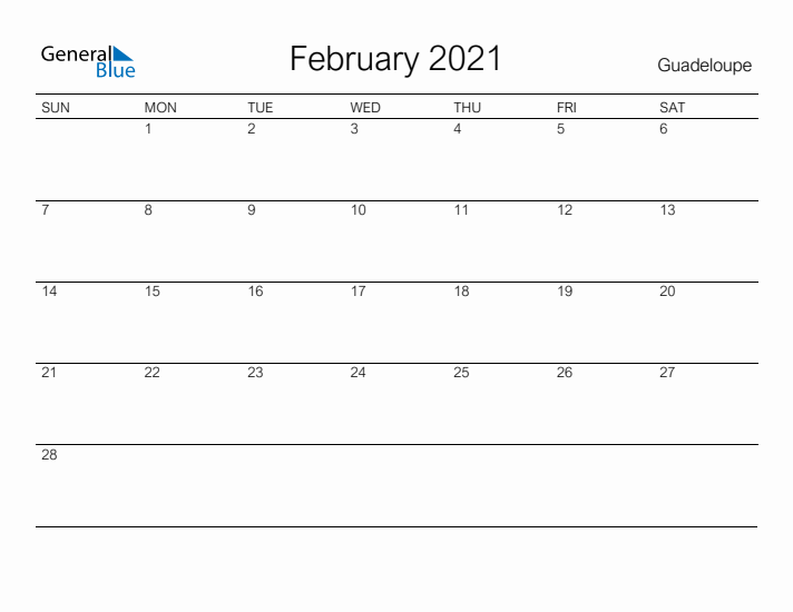 Printable February 2021 Calendar for Guadeloupe