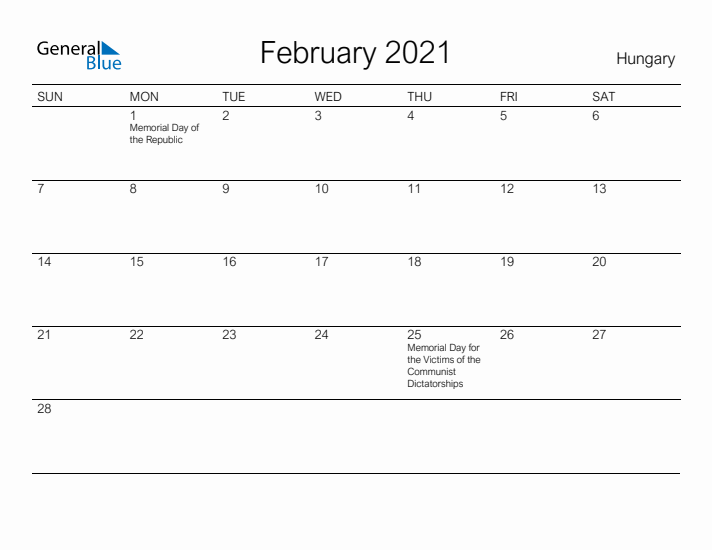 Printable February 2021 Calendar for Hungary