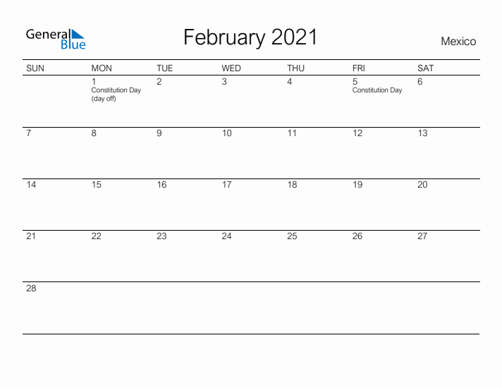 Printable February 2021 Calendar for Mexico