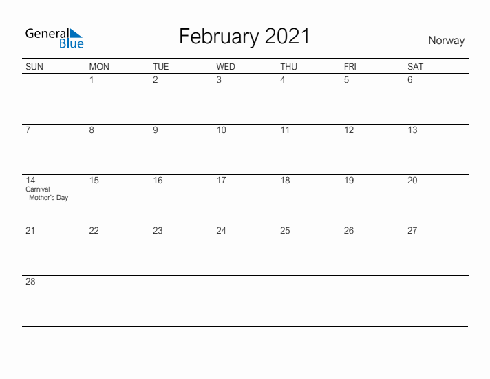 Printable February 2021 Calendar for Norway