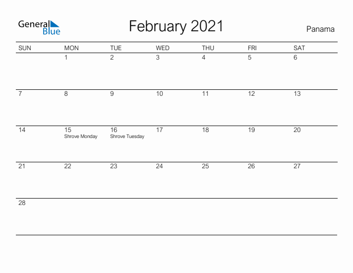 Printable February 2021 Calendar for Panama