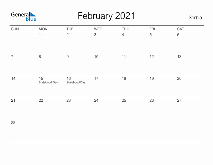 Printable February 2021 Calendar for Serbia